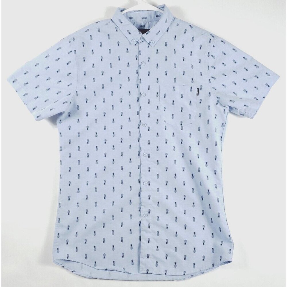 Molokai Surf Co. Shirt Mens Medium Blue Hawaiian Pineapples Cotton Short Sleeve
